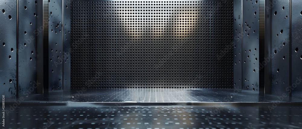 Poster industrial background with perforated metal surface and textured interior for use in design projects
