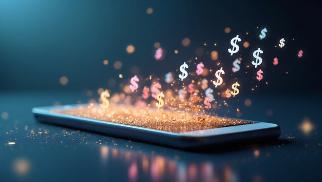 Digital currency sparkles from a smartphone, representing the modern evolution of financial transactions and technology innovation
