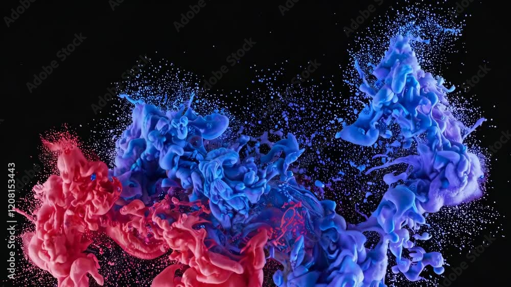 Poster Abstract explosion of red and blue paint on black background, dynamic color splash. Artistic creativity and expression concept