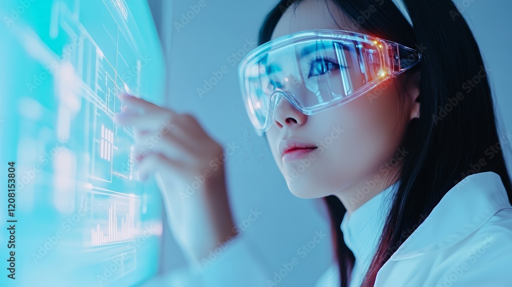 Poster a scientist interacts with a digital interface, analyzing data in a futuristic lab setting.