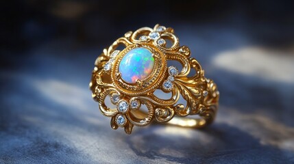 Naklejka premium Baroque style ring with an intricate gold design, with a central opal surrounded by small diamonds generative ai