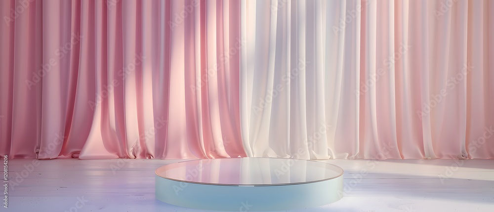 Aufkleber Elegant Fabric Backdrop with Soft Pink and White Drapes and a Circular Platform for Fashion Shows and Product Displays in a Studio Setting