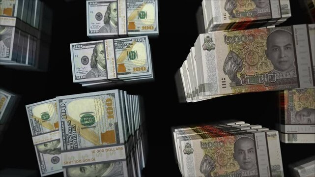 American Dollar and Cambodia money Cambodian riel money exchange. Paper banknotes pack bundle. Concept of trade, economy, competition, crisis, banking and finance. Notes loopable seamless 3d.