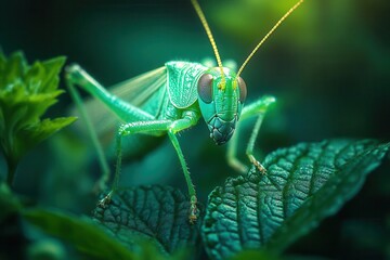 closeup of a grasshopper perched on a vibrant green leaf showcasing its intricate features and textures emphasizing the beauty of small creatures in nature