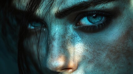 Moody close-up of a woman's intense gaze in dramatic light