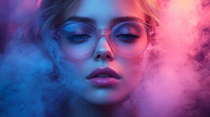 Stylish woman in glasses surrounded by colorful smoke