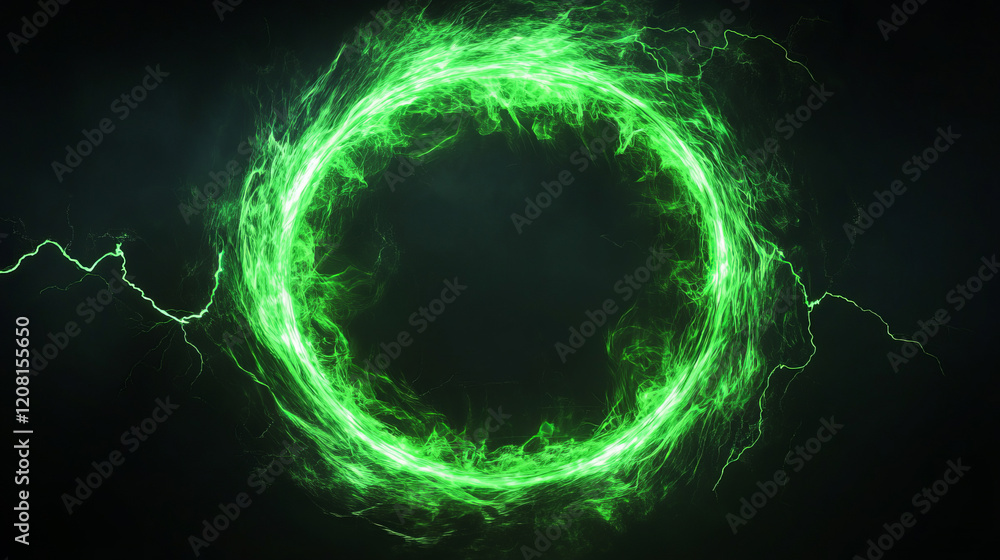 Poster plasma glowing electric green hologram isolated on transparent, circles lightning round frame portal
