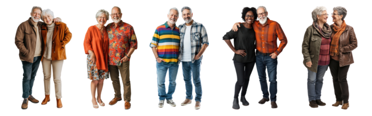 PNG Diverse senior couples smiling together, isolated element set, transparent background