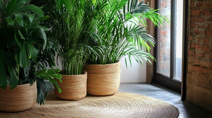 Floor-length green plants with arching fronds shoot up from wicker planters resting on a circular jute rug. 