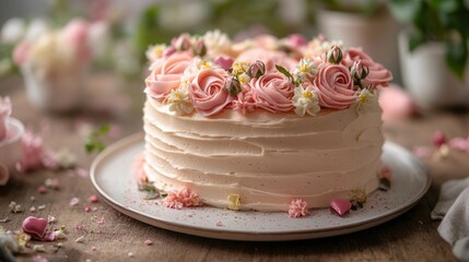 · A beautiful Valentine’s Day cake with delicate rose decorations and soft pink icing --ar 16:9 --stylize 250 --v 6.1 Job ID: be21ef08-918d-49f3-8d82-921cef027a9f