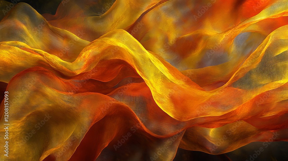 Poster abstract artwork featuring orange and yellow wavy lines on dark background in generative art style