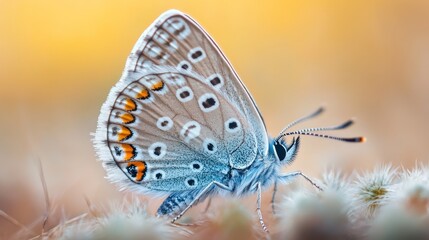 Obraz premium Stunning close-up portrait of a vibrant blue butterfly sitting gracefully on a leaf, showcasing intricate wing details and delicate natural beauty in vivid color