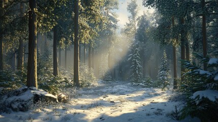 Naklejka premium Sunlit Winter Forest Path A Snow Covered Scene