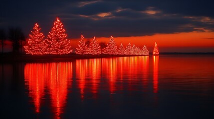 Fototapeta premium Red Lit Christmas Trees Reflecting In Water At Sunset