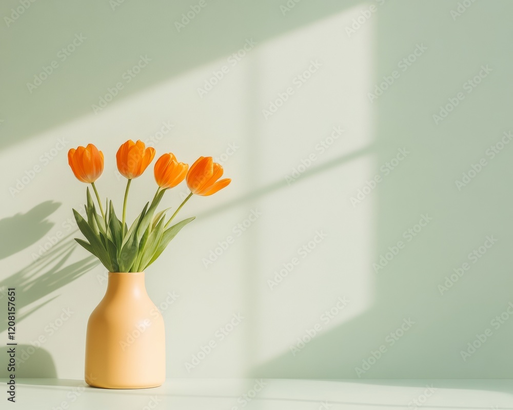 Poster sunlit minimalist workspace with orange tulips in modern vase enhancing calm productivity