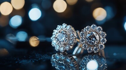 Fototapeta premium Two diamond earrings are displayed on a dark surface