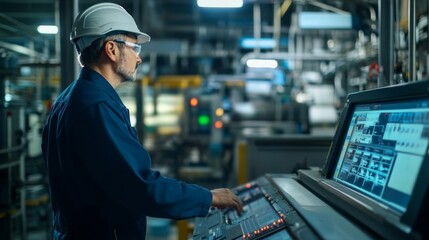 Fototapeta premium Factory Worker Operating Industrial Control Panel