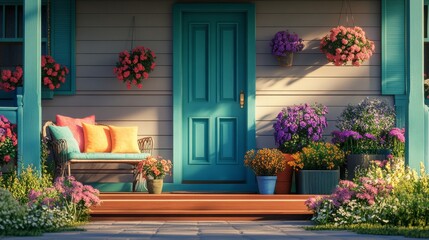 Charming front porch with colorful flowers in pots, a teal front door, and a cozy bench with cushions, sunny spring day generative ai