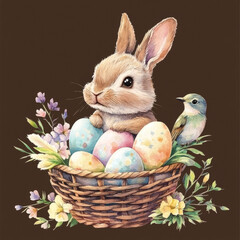  A cute Easter bunny in an Easter basket with pastel eggs, a bird on the side and flowers on a brown background.
