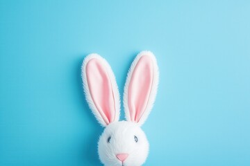 Obraz premium Coelho com orelhas grandes cercado por ovos de Páscoa coloridos em fundo azul claro, criado com IA generativa. 