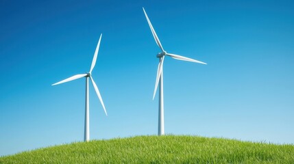 Fototapeta premium Two Wind Turbines on a Grassy Hill Against a Clear Blue Sky Representing Sustainable Energy Solutions
