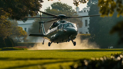 A photo of Marine One helicopter landing on the South Lawn of the White House, with blades kicking up dust and grass, during a high-profile arrival