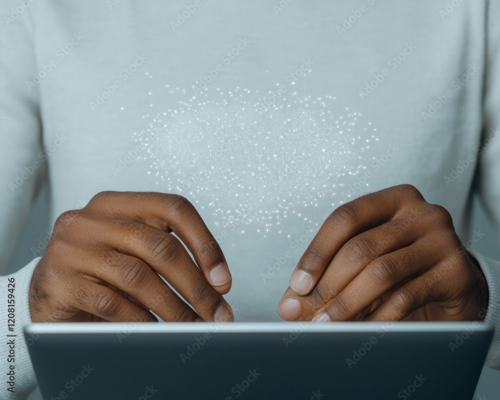 Poster hands typing on laptop with digital interface in soft lighting