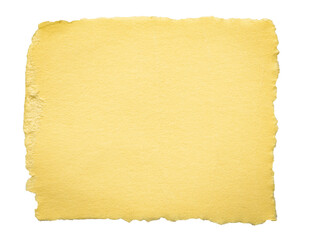 Obraz premium Isolated cut out torn piece of blank yellow paper note cardboard with texture and copy space for text, transparent png background design element