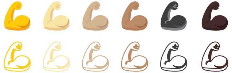 Muscle icon set, flexed bicep arm icon hand emoji. Feats of strength sign - Biceps muscular arm icons.