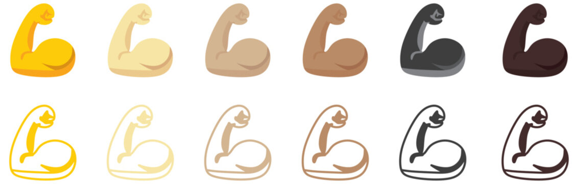 Muscle icon set, flexed bicep arm icon hand emoji. Feats of strength sign - Biceps muscular arm icons.