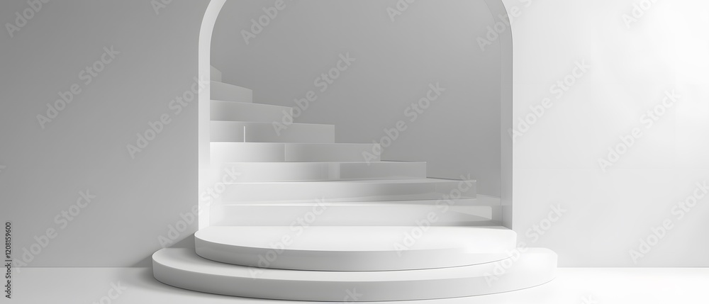Poster elegant white staircase with archway in minimalist setting, perfect for modern interior design and a