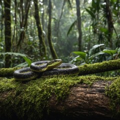 A snake slithering across a mossy log in the rainforest, side-view, with a blurred jungle in the background.