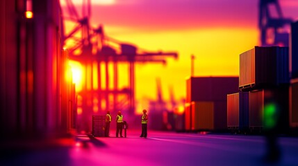 Workers at a shipping port during sunset, surrounded by containers and cranes.