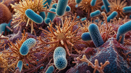 Microscopic organisms with spiky, spherical blue cells and elongated orange structures