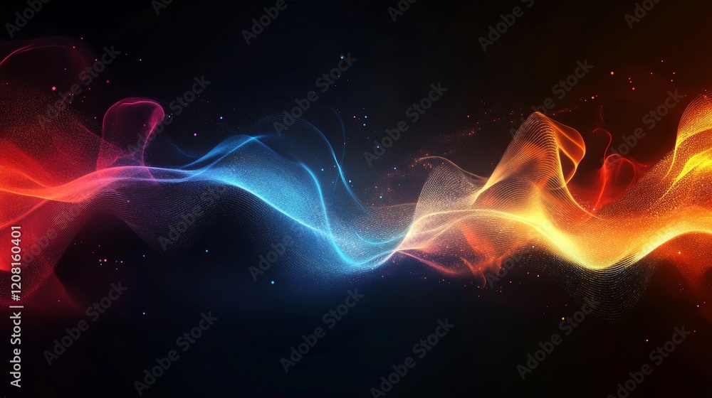 Poster vibrant digital abstract background with colorful glowing waves and sparkling particles