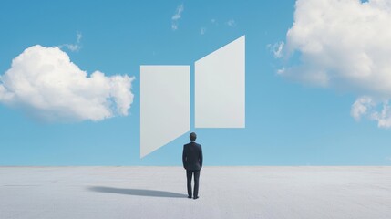 Obraz premium Visual Metaphor for Innovation and Creativity Represented by Man Facing Open Doorway to New Possibilities