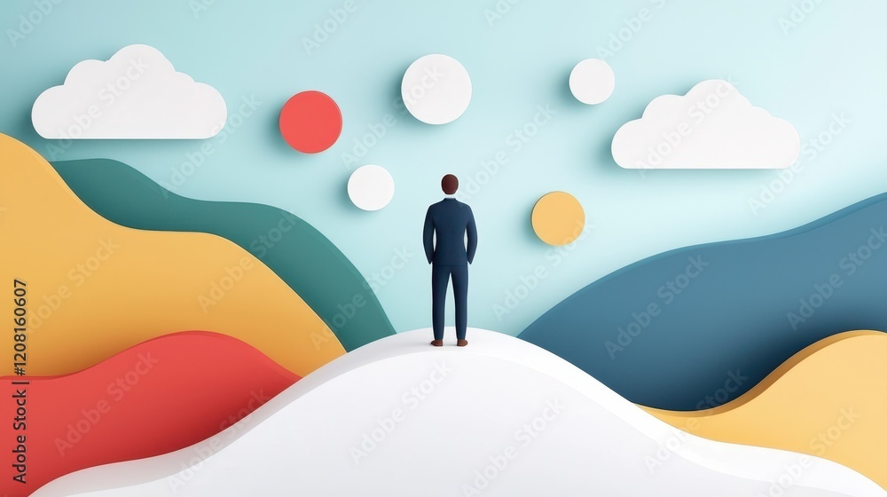 Aufkleber visual metaphor for innovation and creativity with abstract landscape and businessman in front of cl