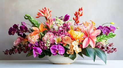 Fototapeta premium Intricate floral arrangement exuding an aura of bohemian luxury, characterized by vibrant colors, exotic blooms, and a touch of whimsy. 