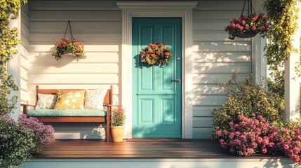 Charming front porch with colorful flowers in pots, a teal front door, and a cozy bench with cushions, sunny spring day generative ai