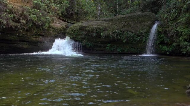 A man does a gainer off a waterfall in the jungle and then swims over to shore
