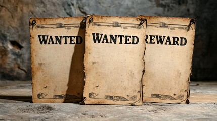 Three vintage wanted posters on rustic wall with blank space for custom text, retro western design style, nostalgic reward sign mockup for wild west or historical themed projects
