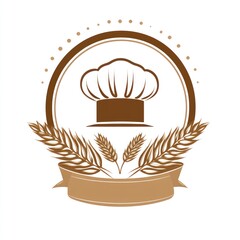Brown chef hat symbol above wheat and a blank ribbon. A food or baking emblem with a simple background