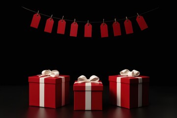 three red gift boxes with white ribbons hanging from a string