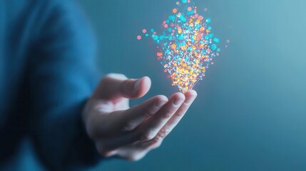 Representation of Synergy Between Technology and Innovation Illustrated Through Abstract Light Patterns Emerging from a Human Hand