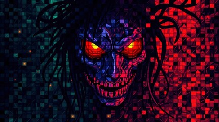 Glowing Demon Face: Pixel Art in Dark, Vibrant Hues