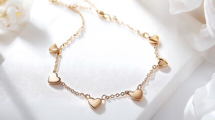 A gold chain necklace with a heart pendant on each link