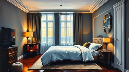 Serene Master Bedroom: Evening Light, Elegant Decor, and a Calming Atmosphere
