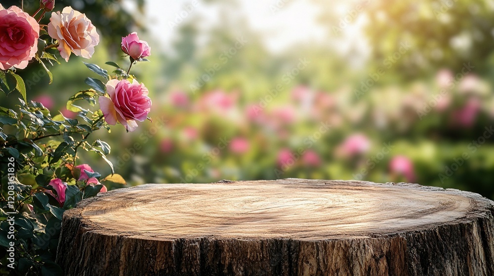 Poster old tree stump table with softly blurred roses in background