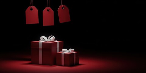 three red gift boxes with white tags hanging from the ceiling