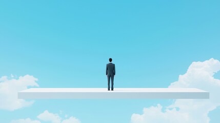 Surreal Representation of Work-Life Balance with a Businessman Standing on a Platform in the Sky